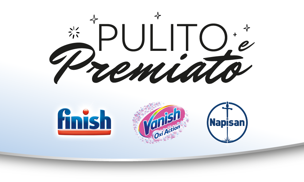Banner Operazione a premi “Pulito e premiato” e loghi Finish, Vanish e Napisan